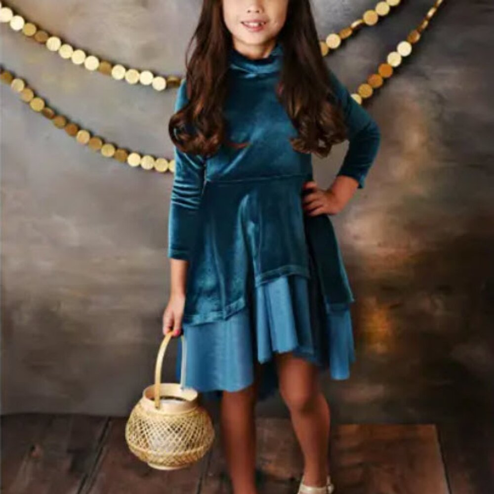 Teal Velvet Holiday Dress for Girls